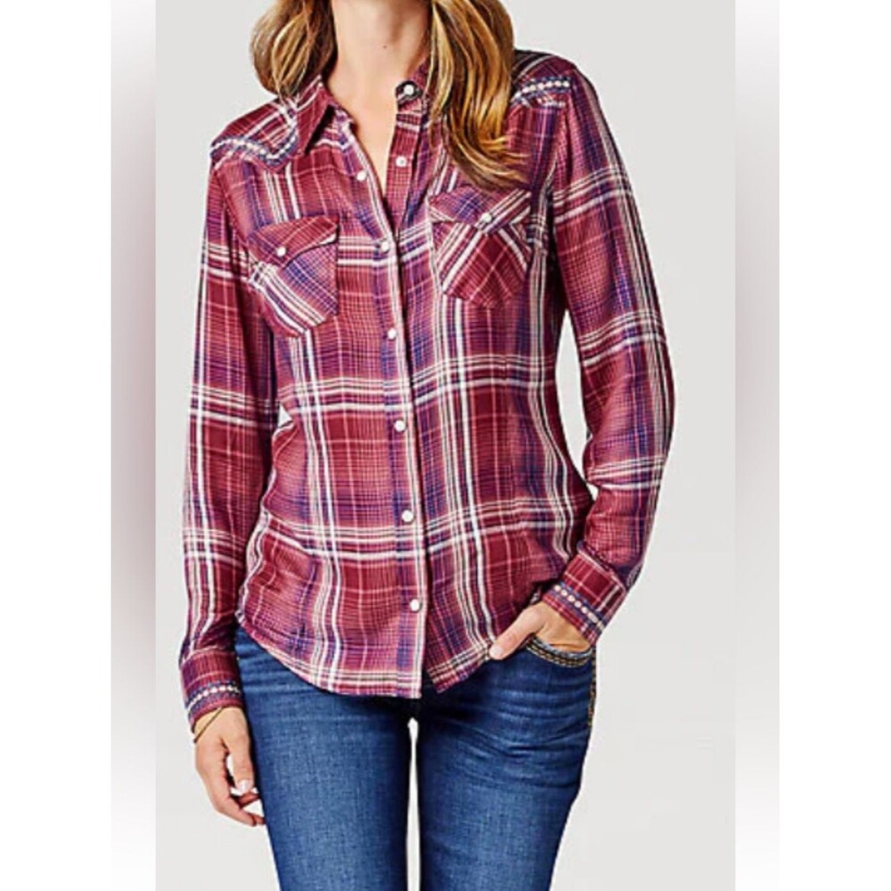 Wrangler Retro Plaid Pearl Snap Western Button Down Long Sleeve Shirt Womens XL